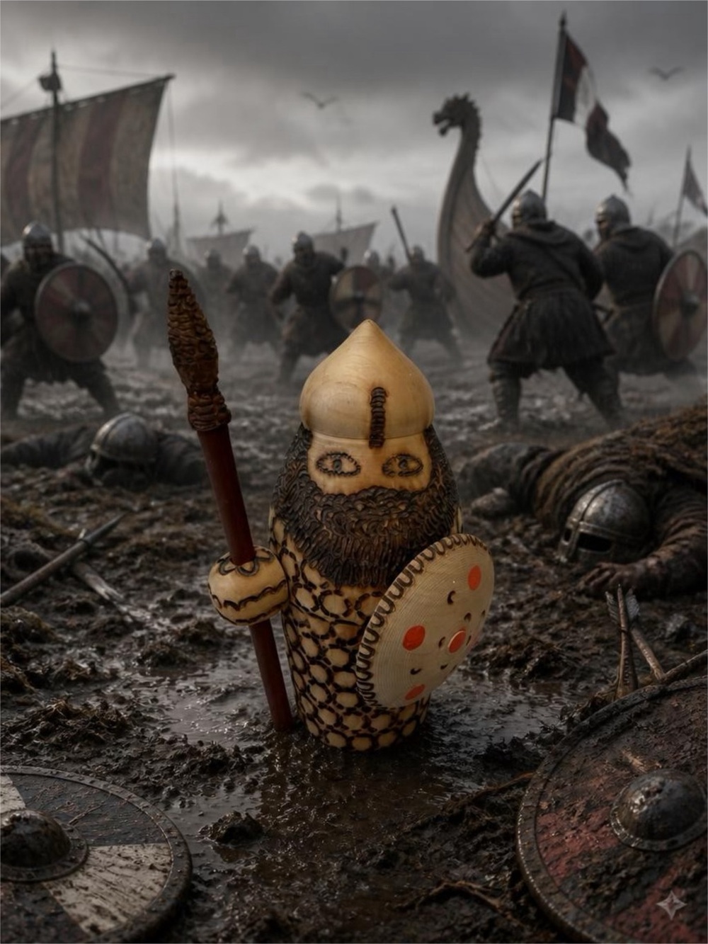 Hand-Carved Viking Warrior Figurine - Natural Brown and Cream Decorative Accent